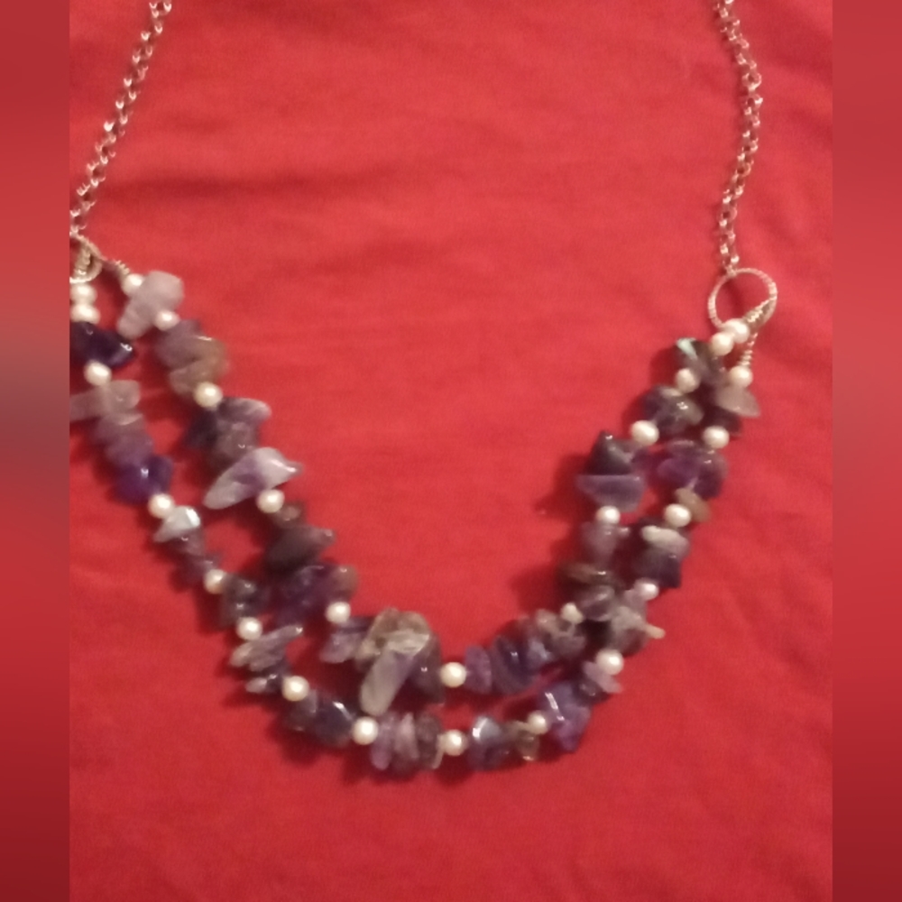 24 in amethyst and pearl with silvertone chain necklace